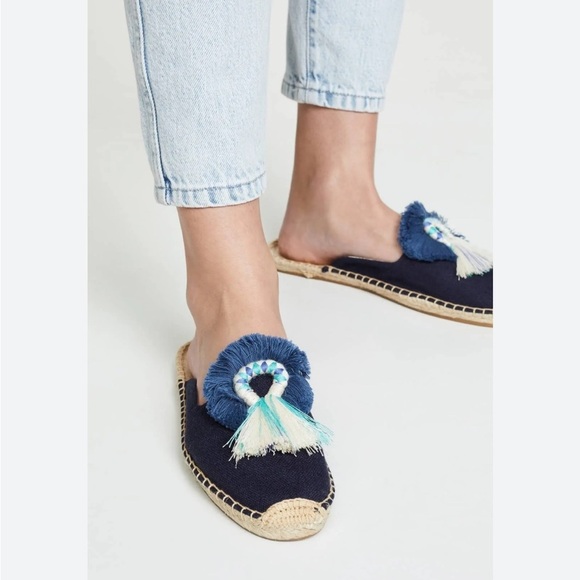 Soludos Kiki Tassel Midnight Blue Canvas Slip On Flat Mule Espadrilles NWOB - Picture 2 of 13